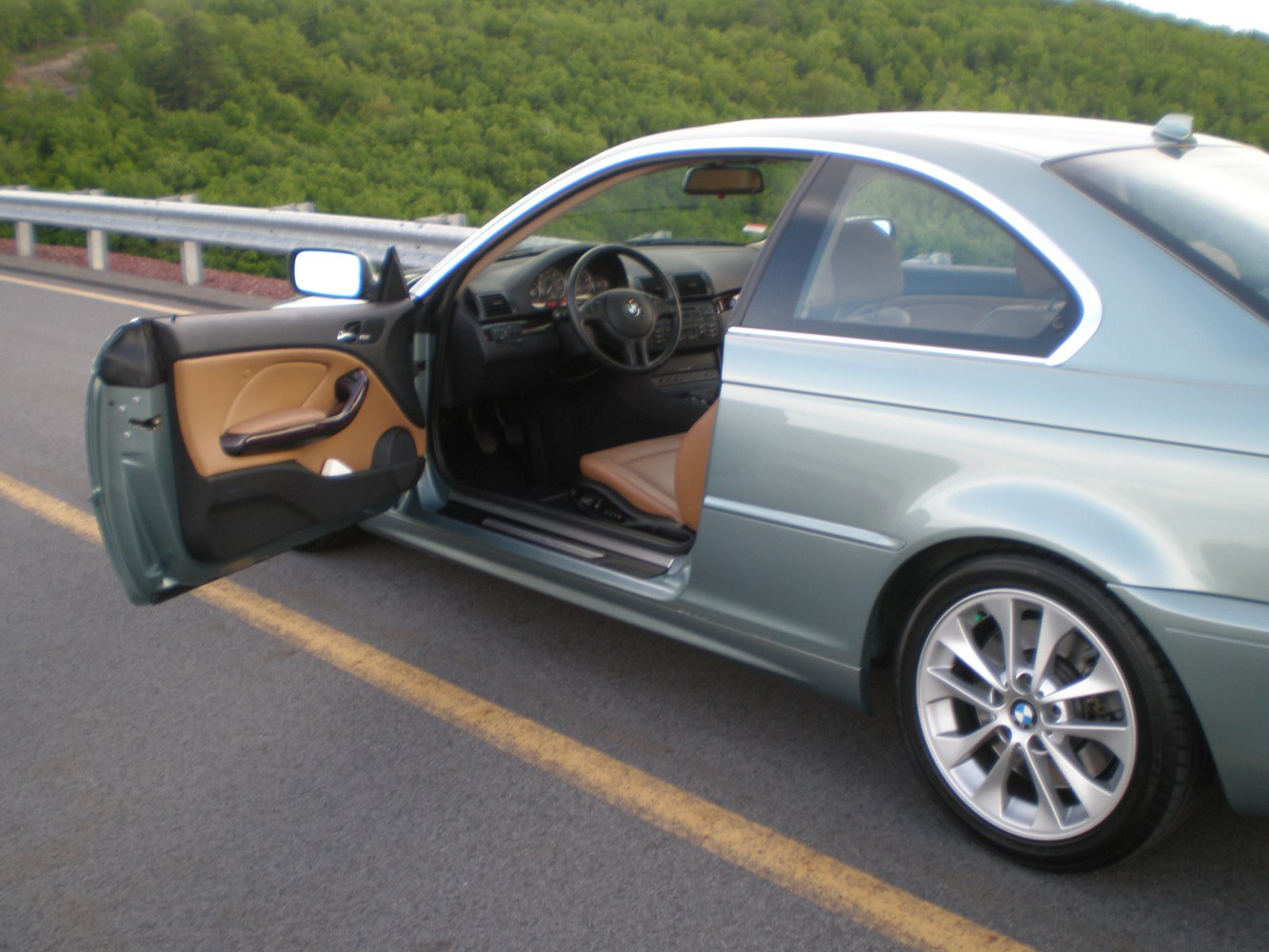 Open driver door interior and rear wheel of coupe with silver body