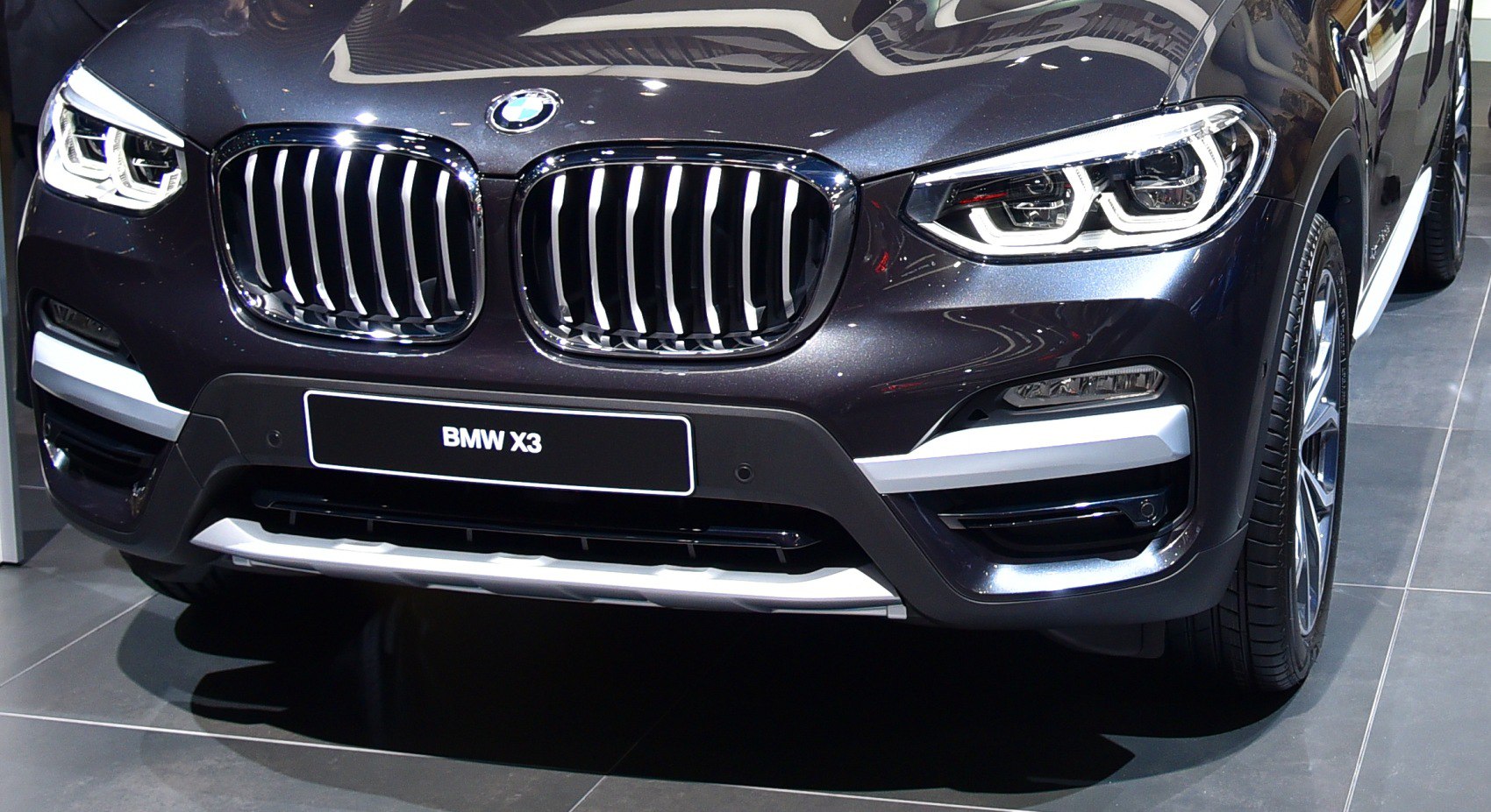 Close-up of front grille and LED headlight design