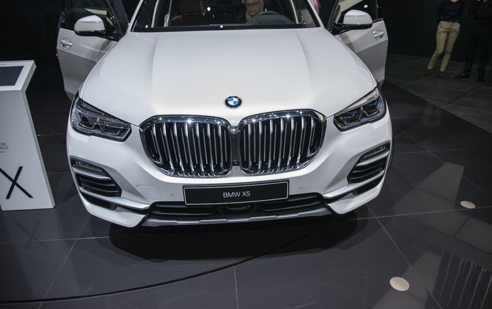 Close-up of large kidney grille and LED headlights on luxury SUV front.