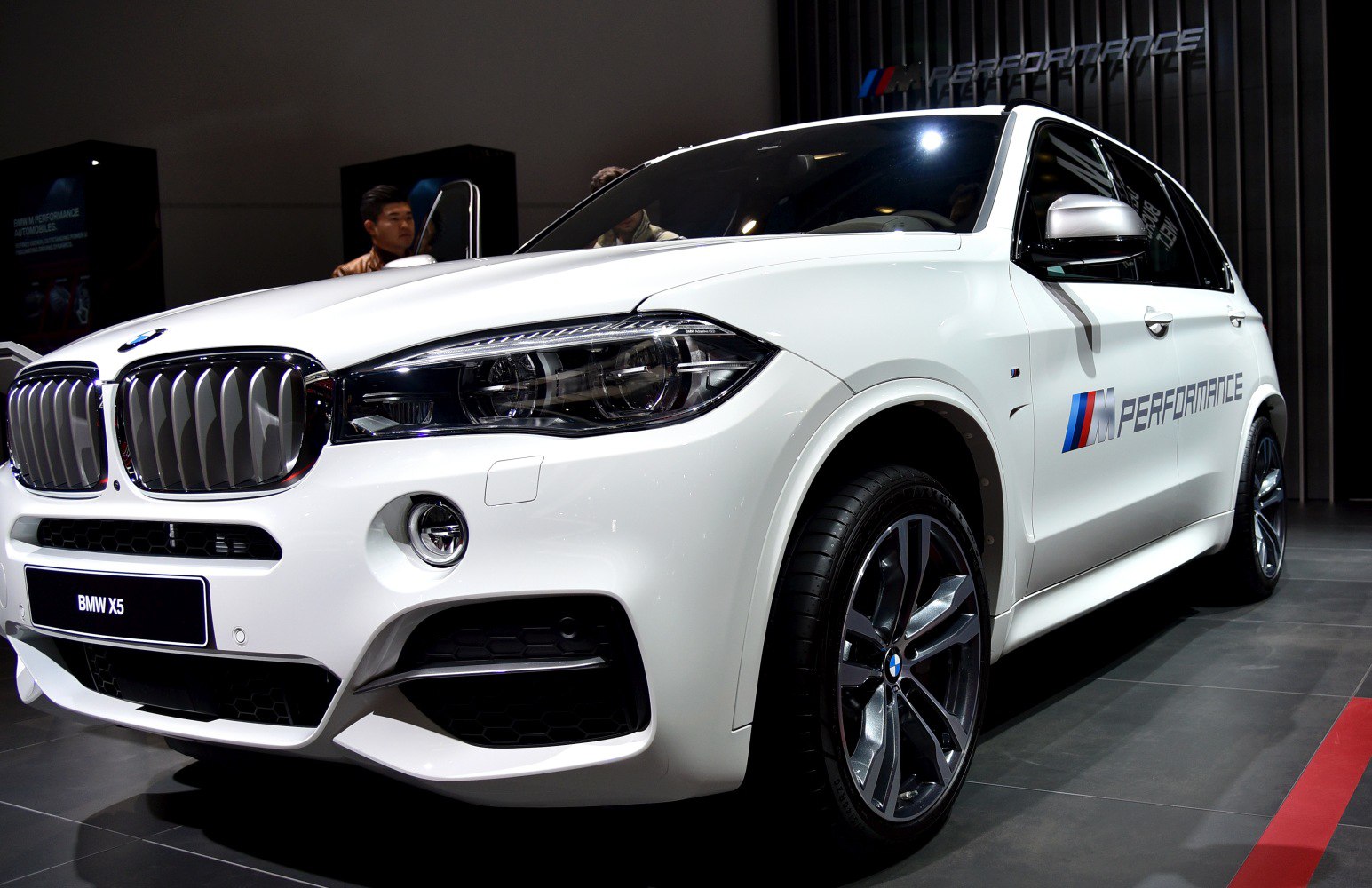 Close-up of front grille, headlight, and M Performance decal on white SUV