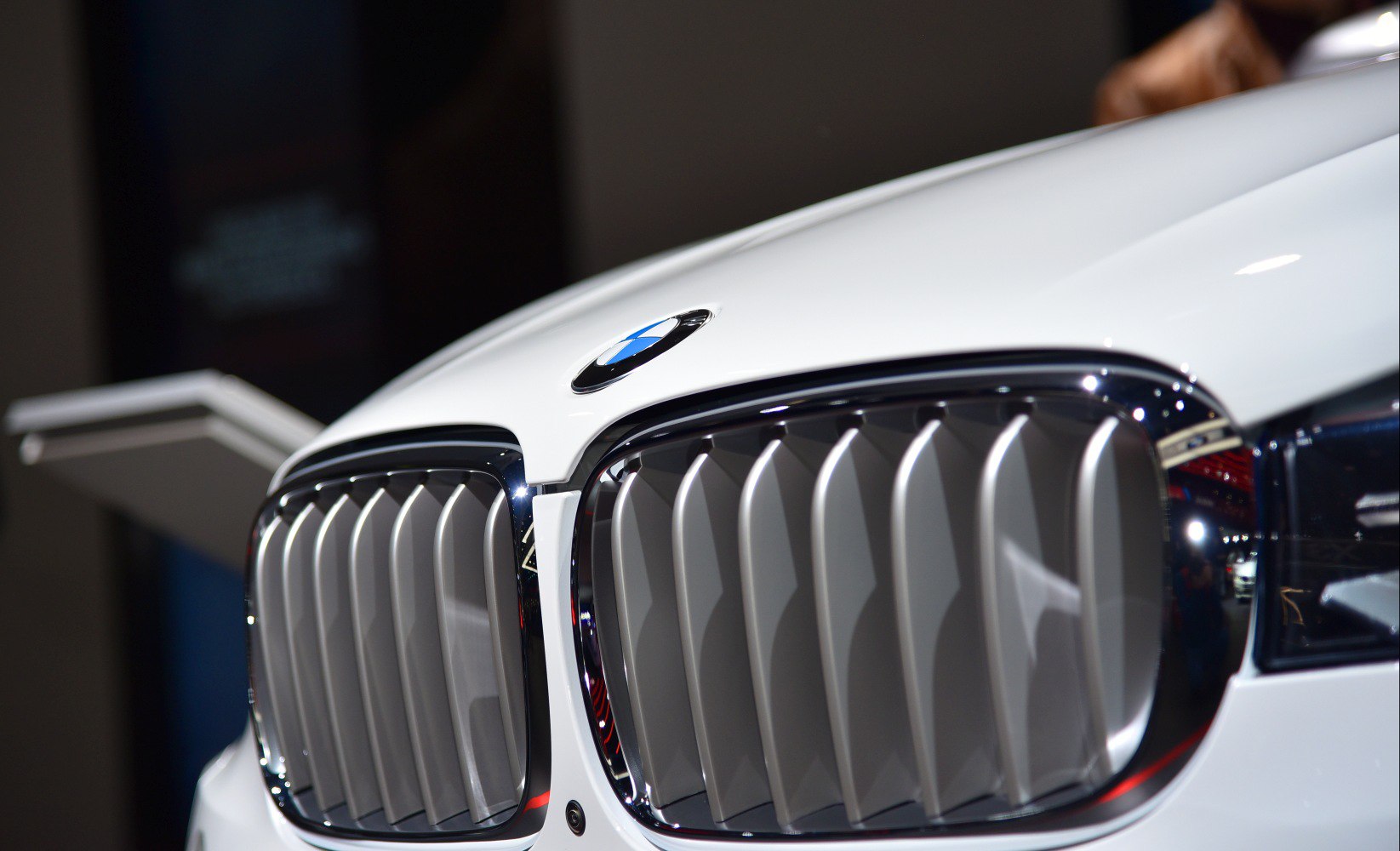 Close-up of BMW kidney grille and logo
