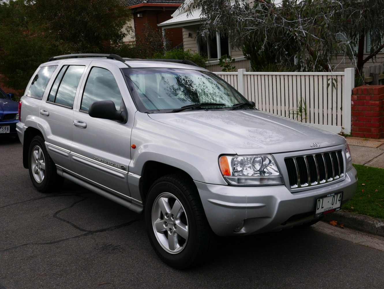 Silver SUV with distinctive grille and roof rails front side view