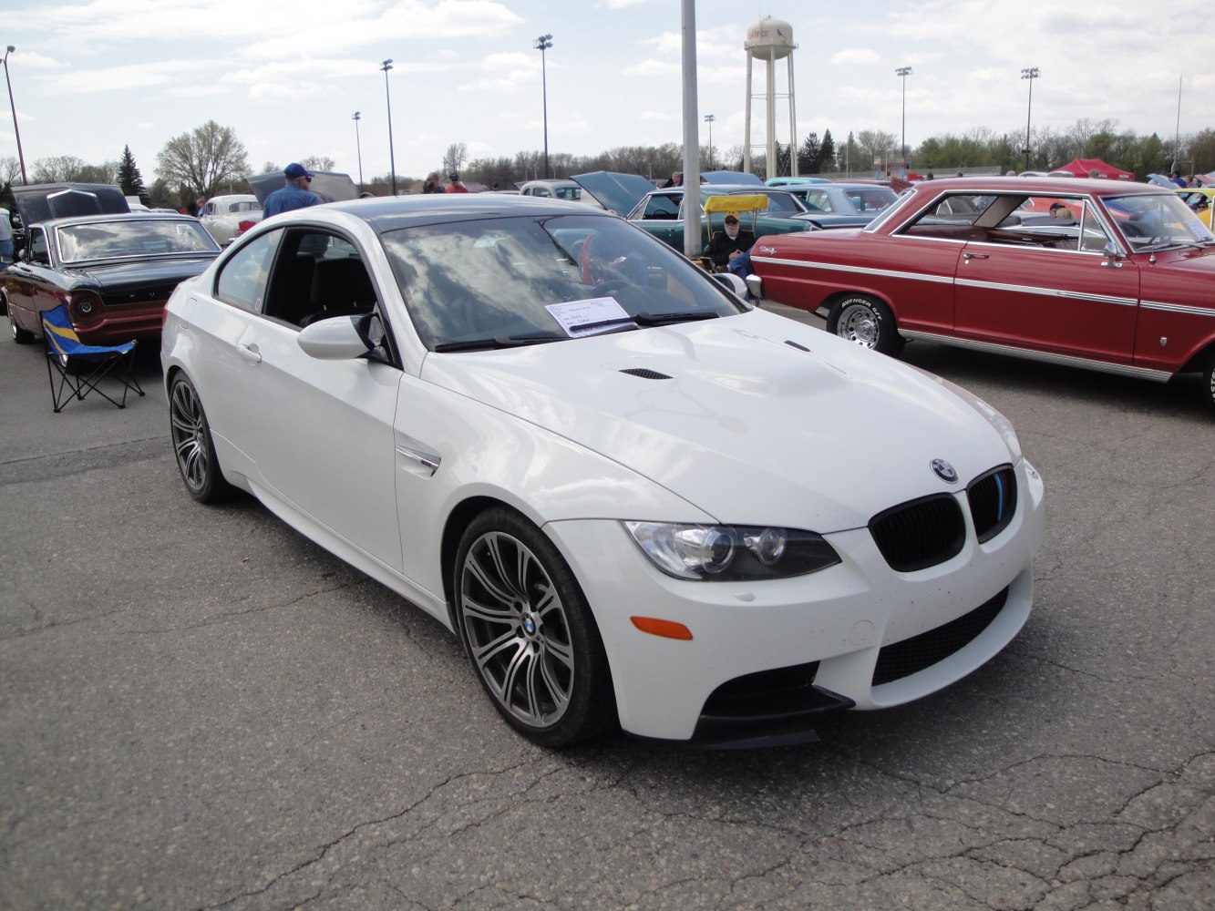 White BMW M3 E92 sporty coupe front side view
