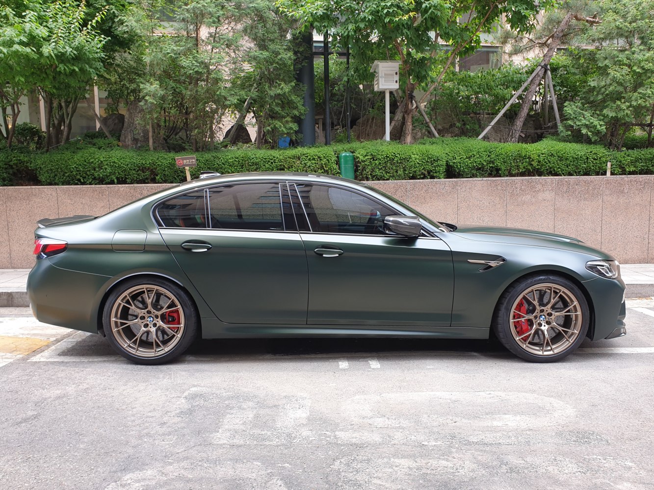 Side profile with sporty wheels and red brake calipers