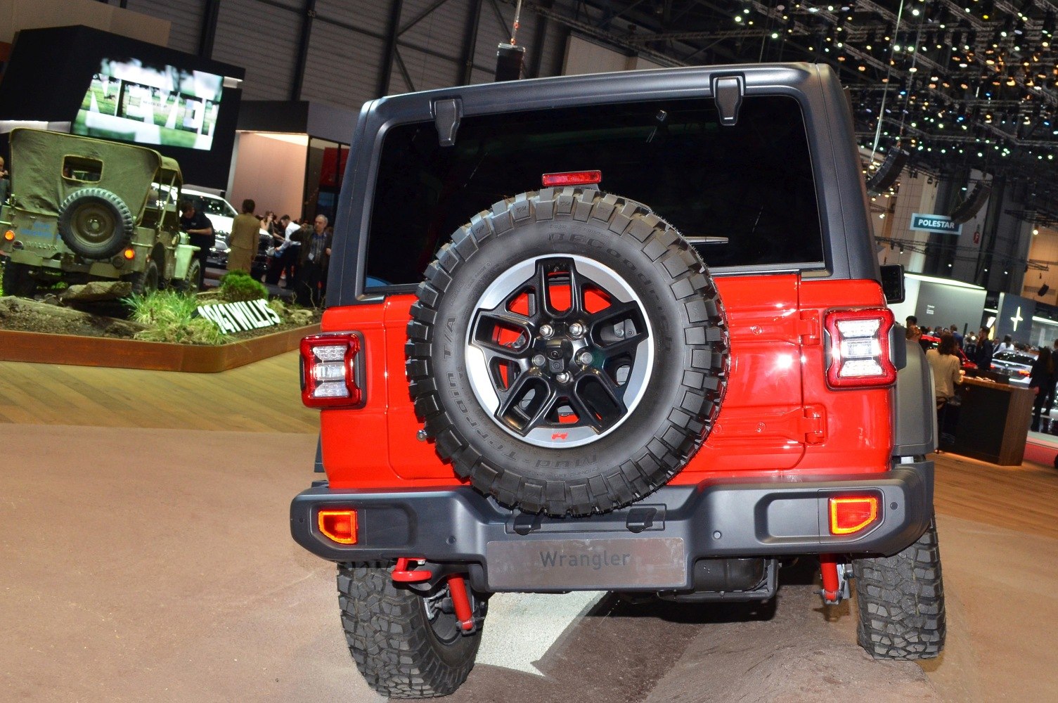 Rear view with spare off-road tire and rugged bumper