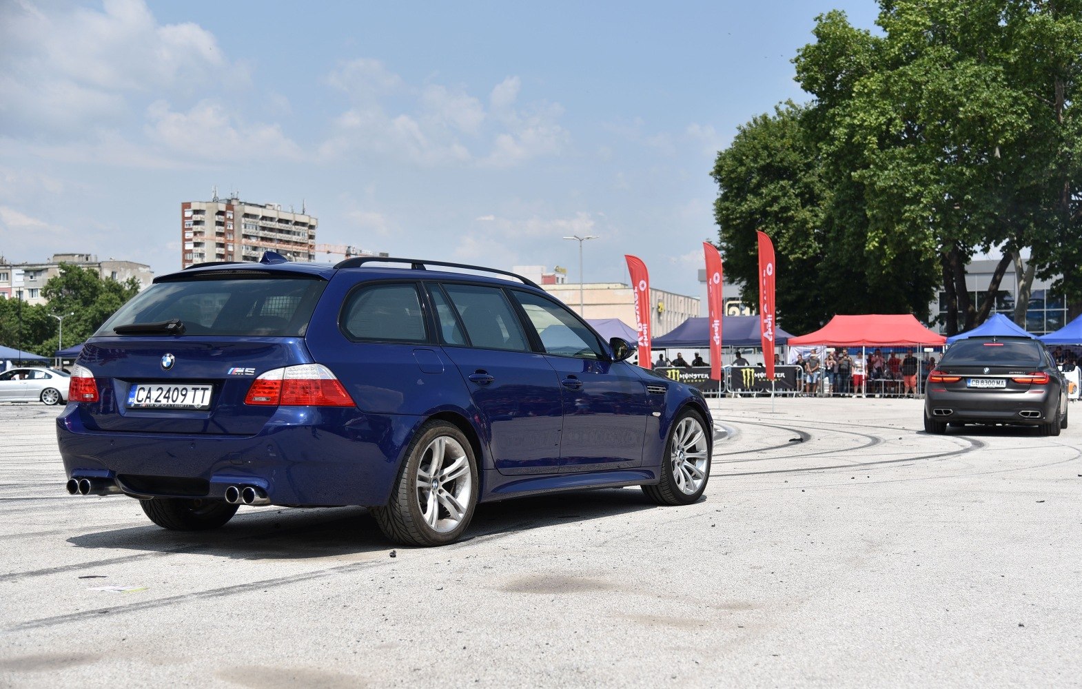 Blue performance wagon with quad exhausts and roof rails