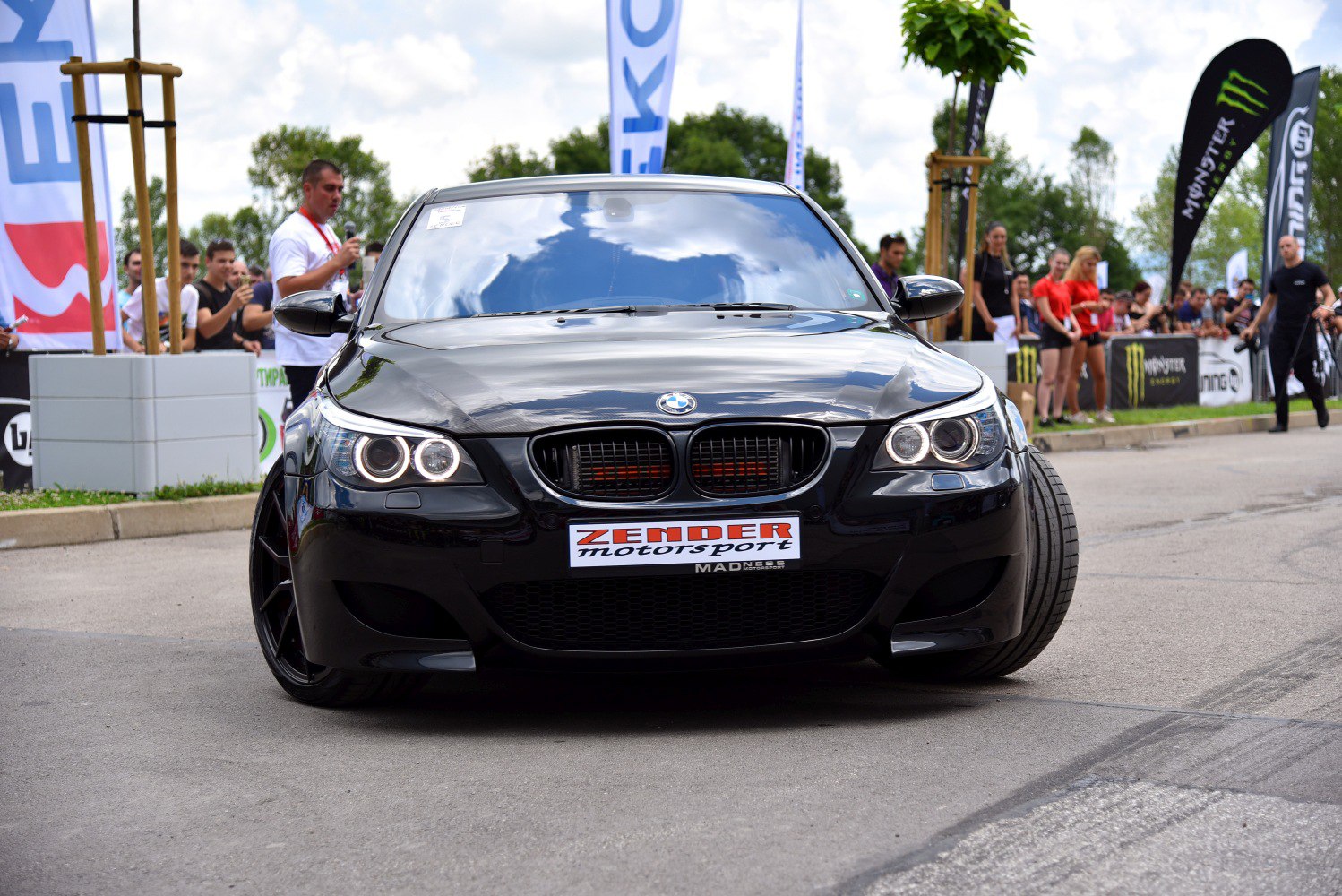 Black BMW front with angel eyes LED headlights and kidney grille