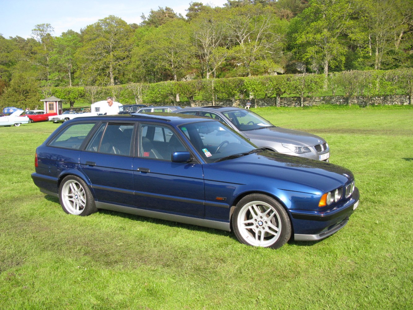Blue station wagon with alloy wheels on a grassy field