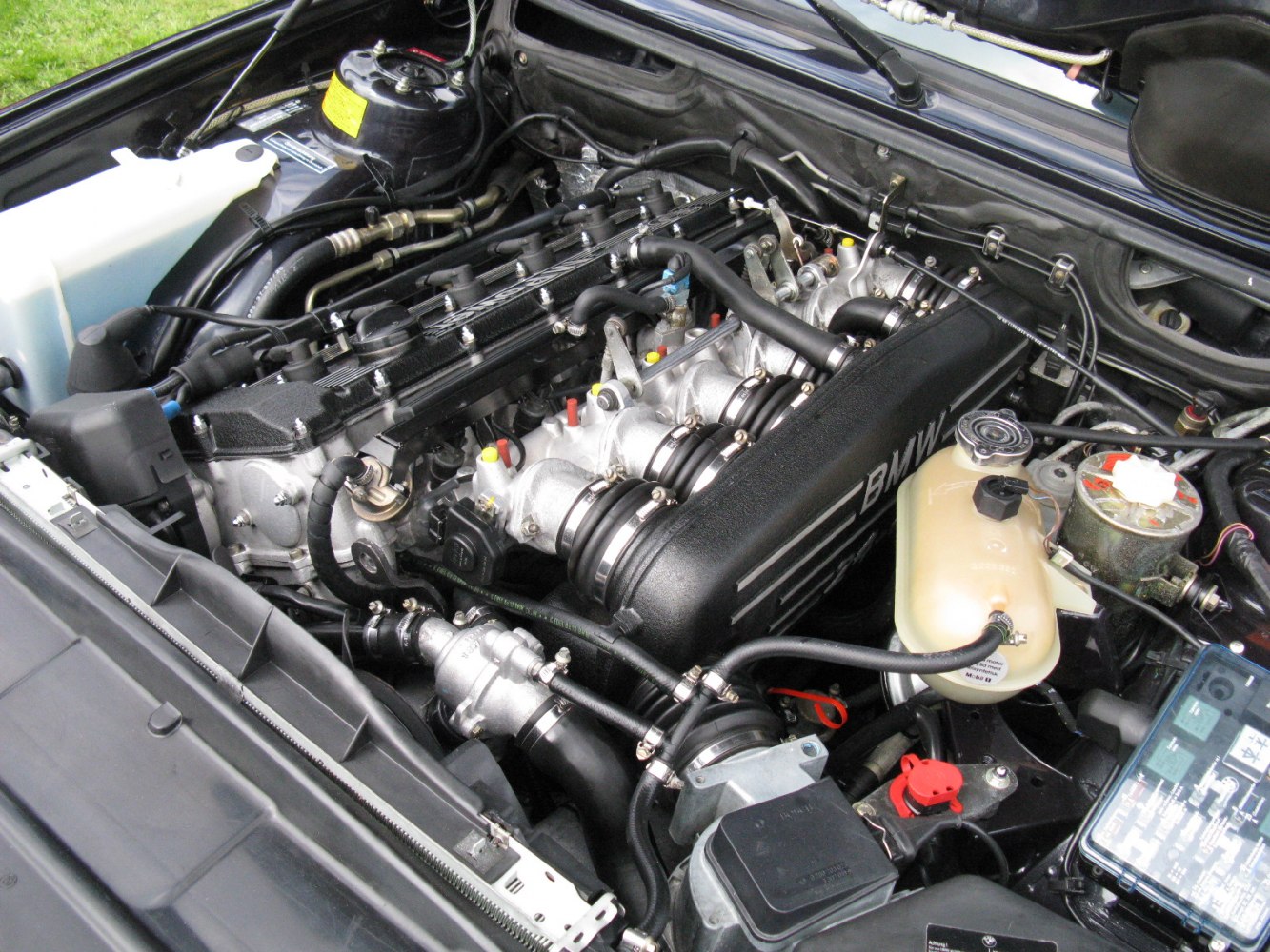 Engine bay with inline-6 engine and mechanical components