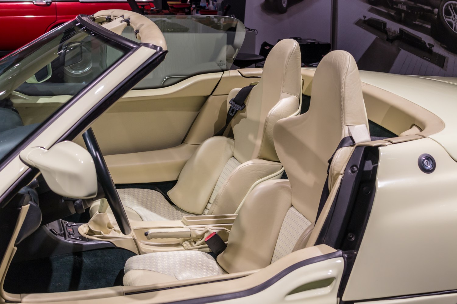 Beige convertible interior with bucket seats