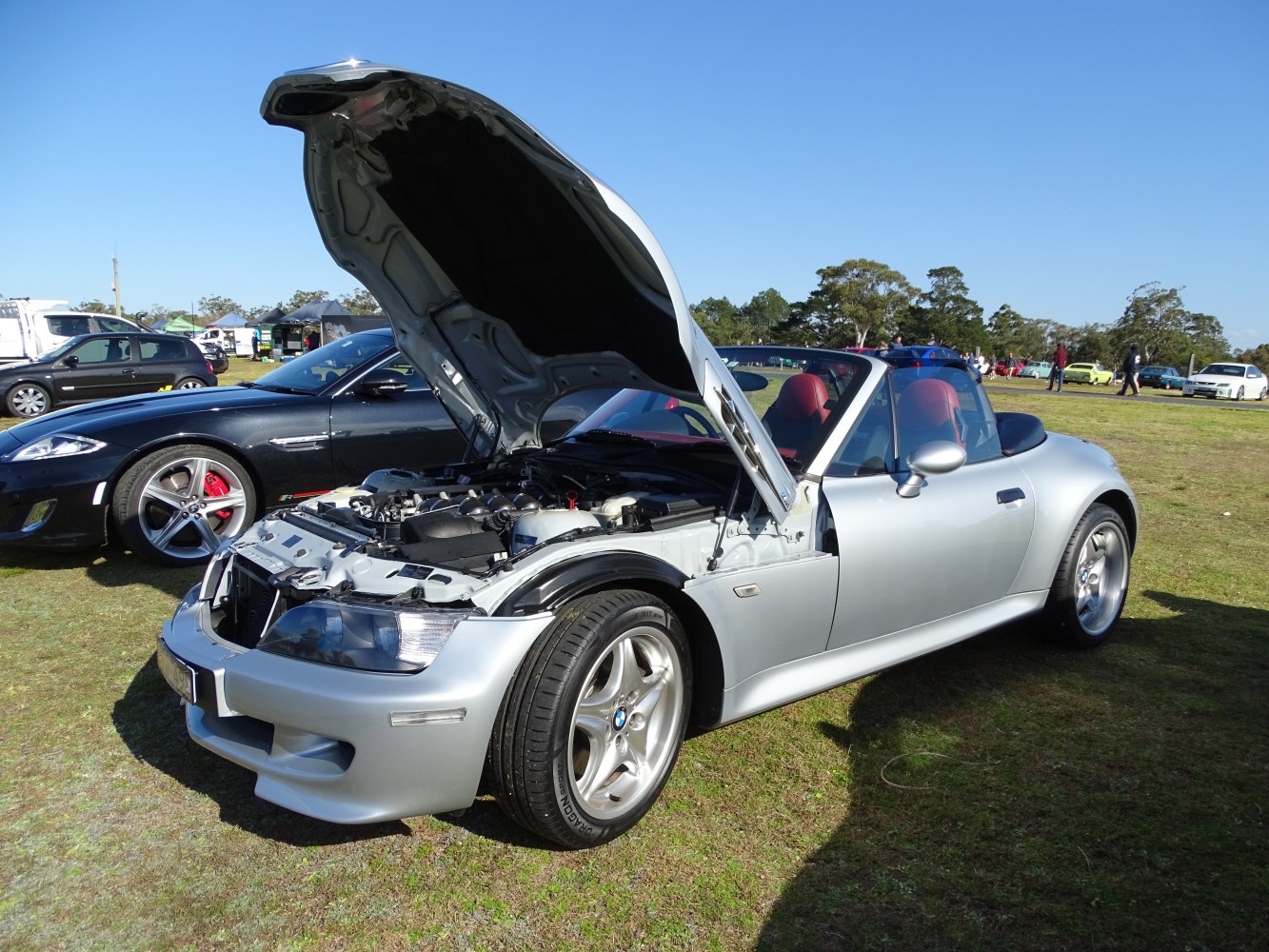 Silver convertible with open hood showing engine on grass.
