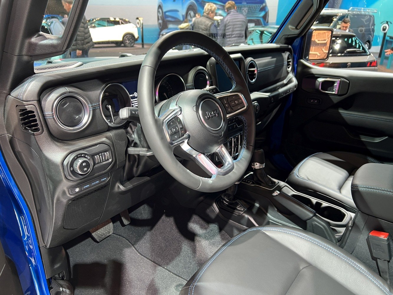 Dashboard and leather steering wheel in modern car interior