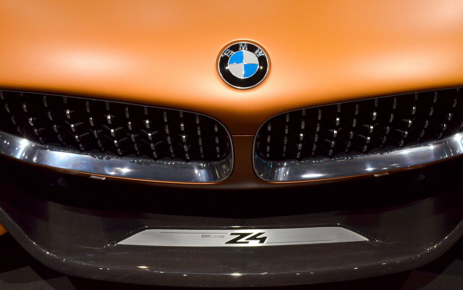 Close-up of front grille and BMW emblem with carbon fiber lower trim.