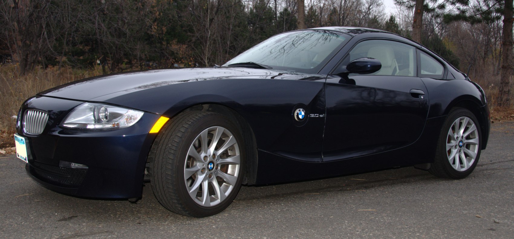 Side profile of a coupe with alloy wheels and distinctive emblem