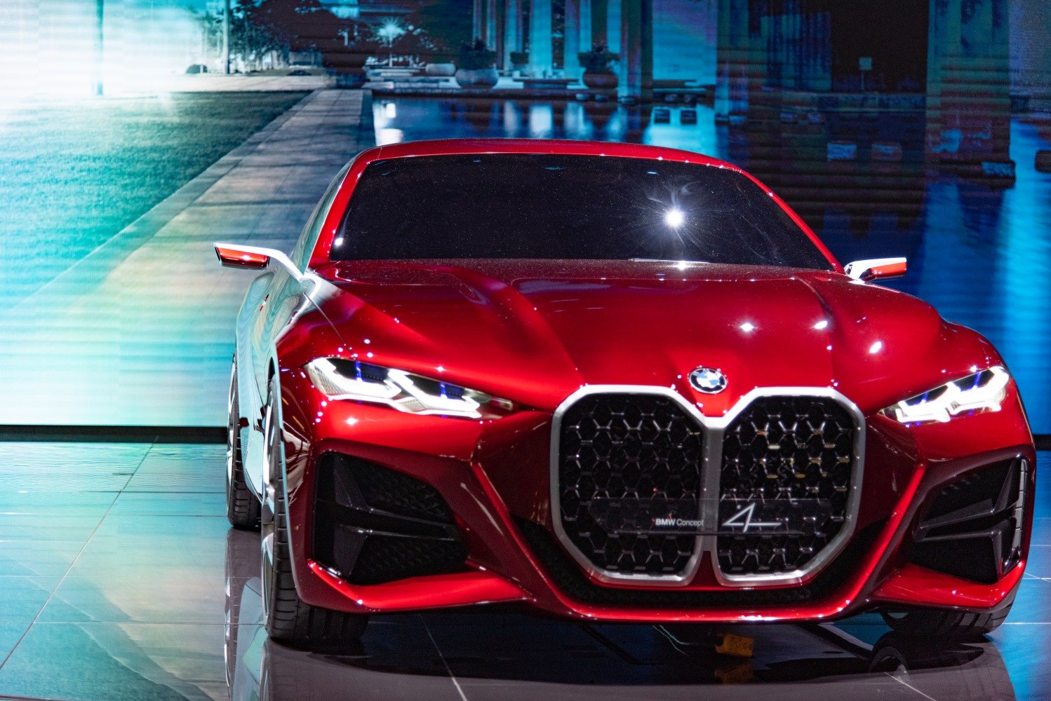 Bold kidney grille and futuristic LED headlights from front view