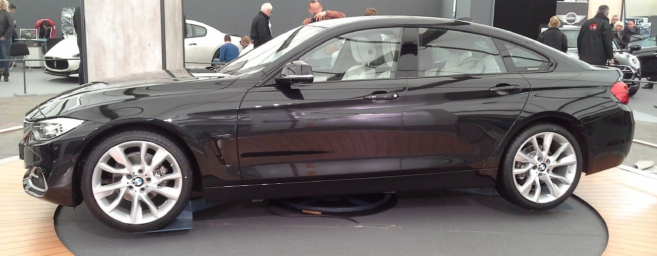 Side profile of a sleek luxury coupe with alloy wheels