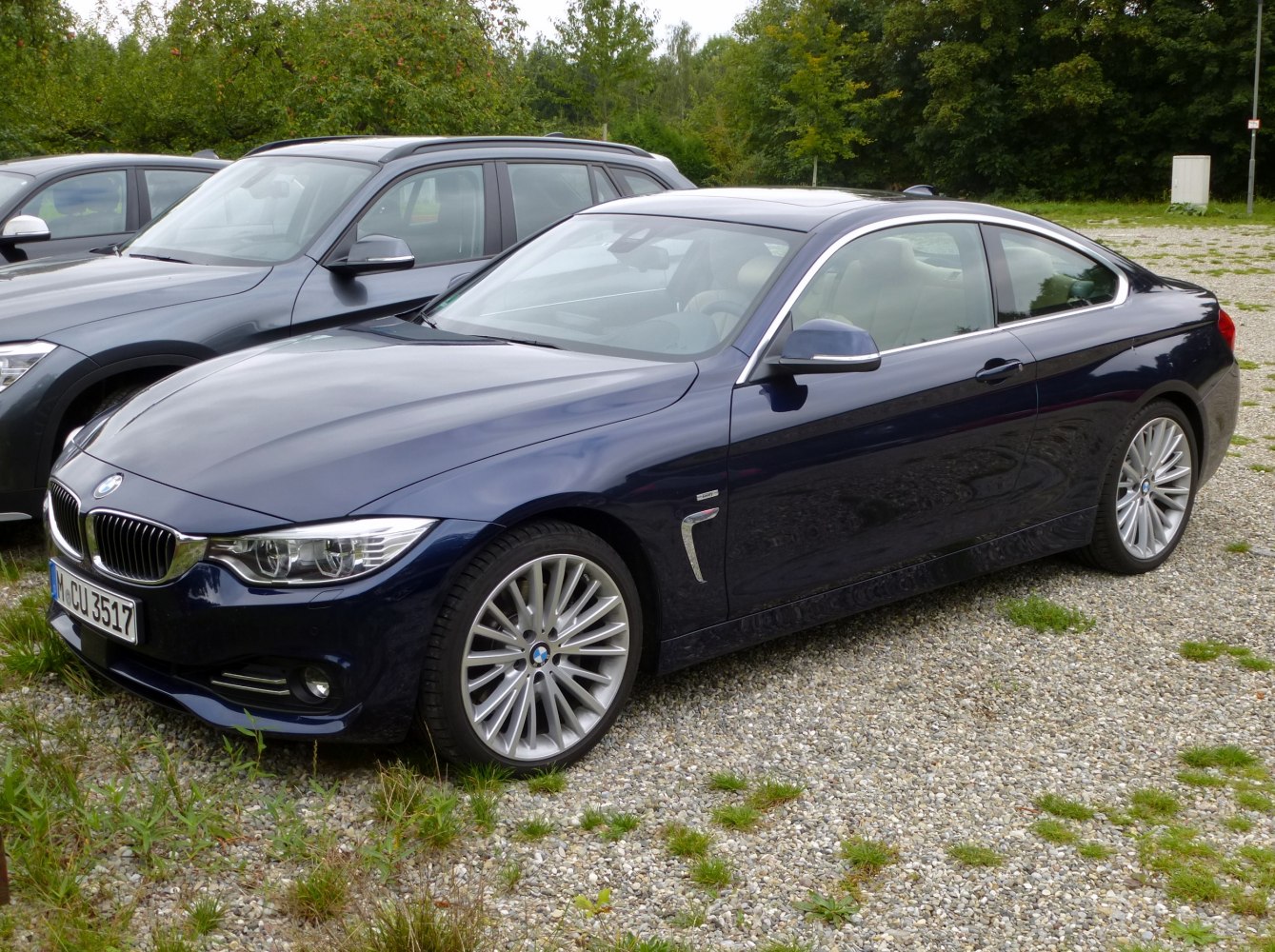 Blue coupe with sharp headlights and stylish alloy wheels