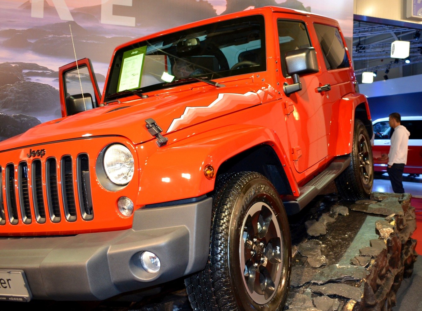 Off-road front view with round headlights and rugged tires on rocky terrain