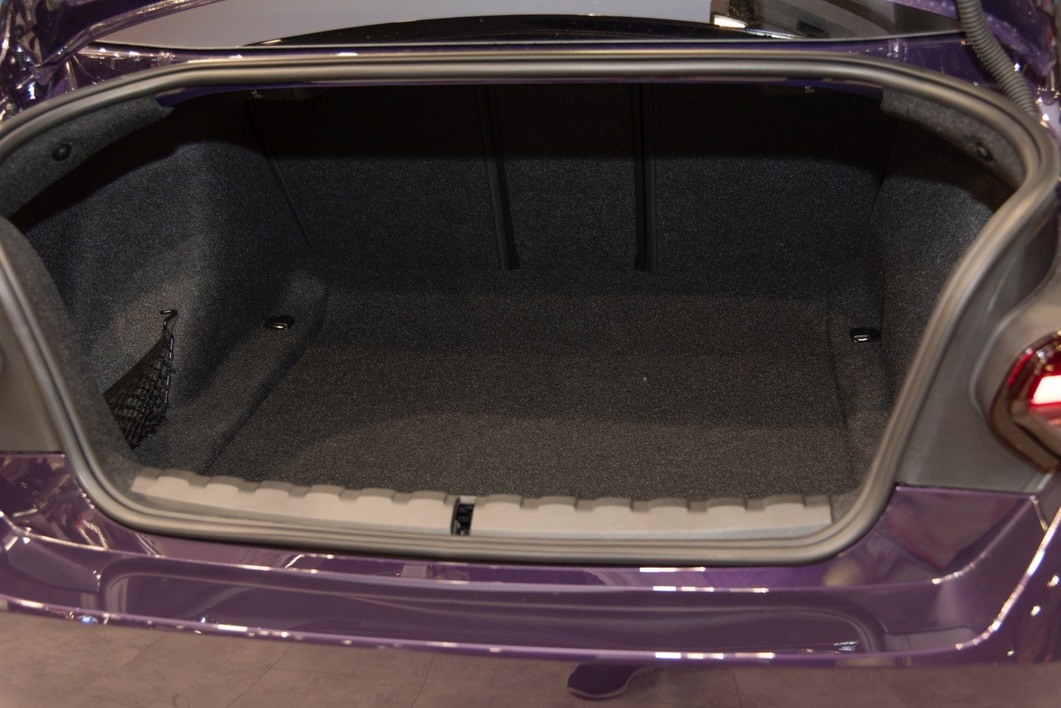 Spacious trunk interior with dark carpeting and side storage net.