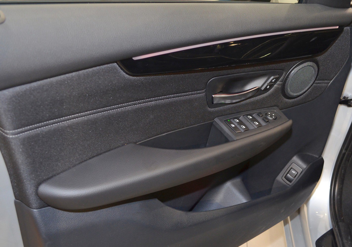 Interior door panel with control switches and speaker
