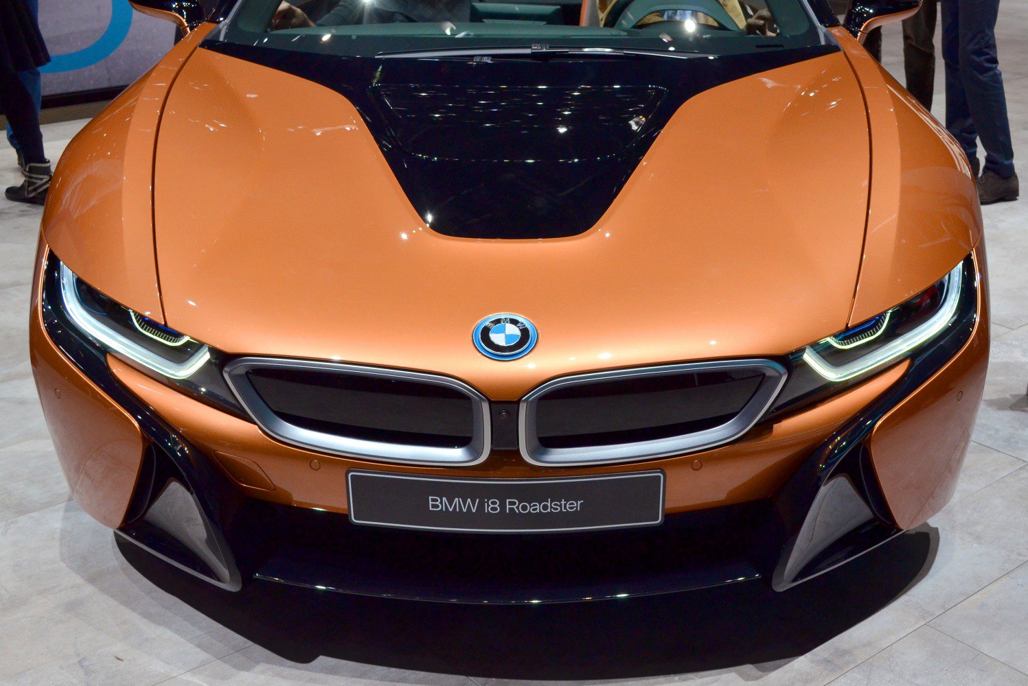 Front close-up of futuristic grille and LED headlights