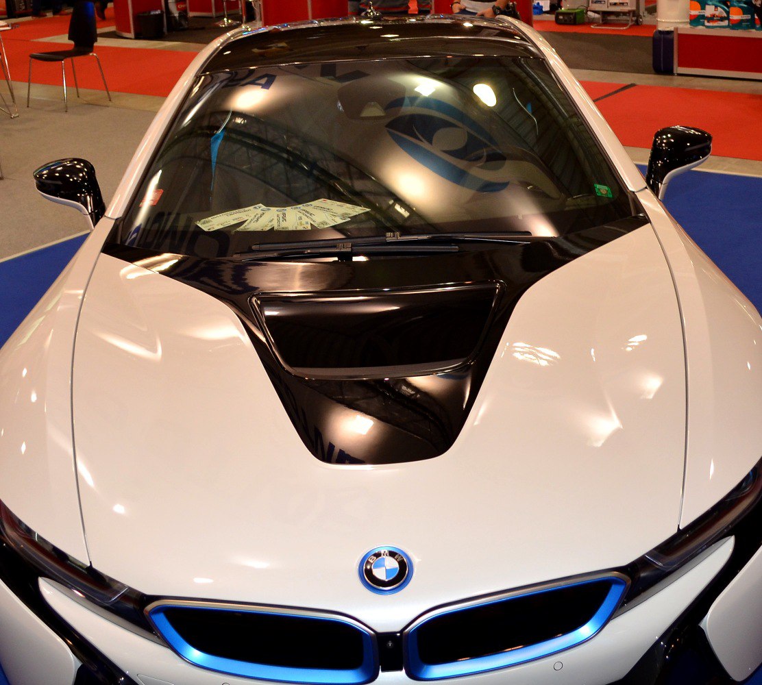 Front hood and windshield with black vent and blue grille trim