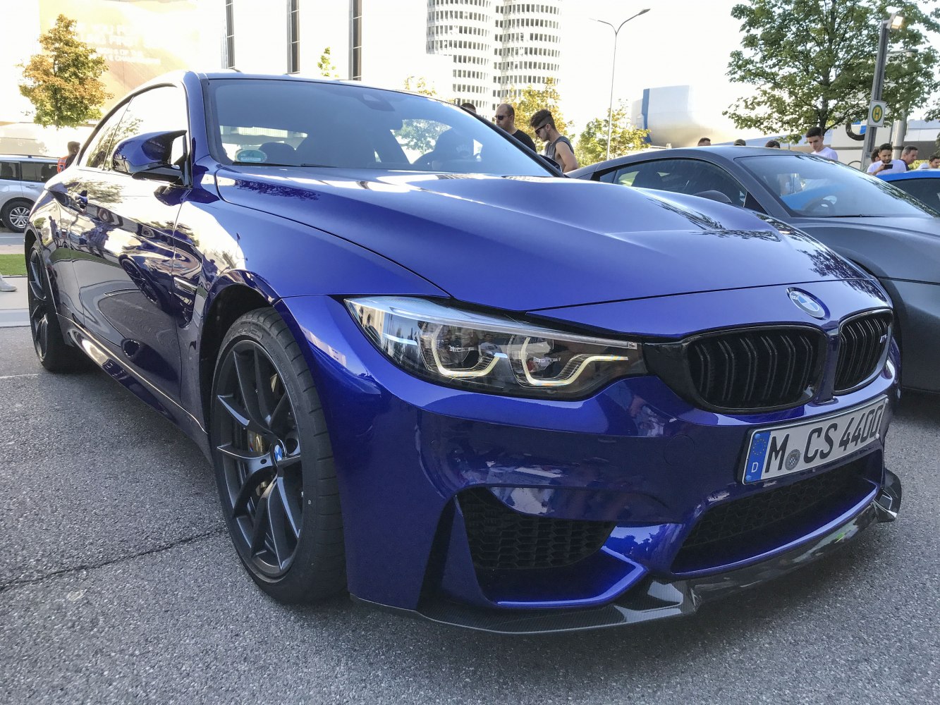 Close-up of LED headlights and aerodynamic front bumper