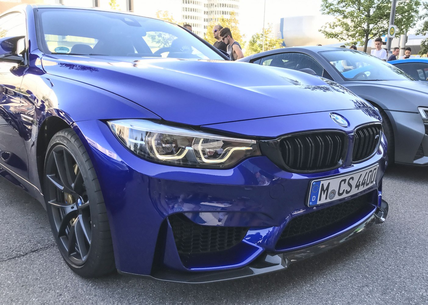 Close-up of front headlights and kidney grille