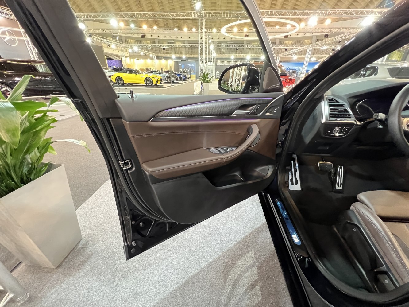 Interior door panel and driver footwell with door controls and pedals