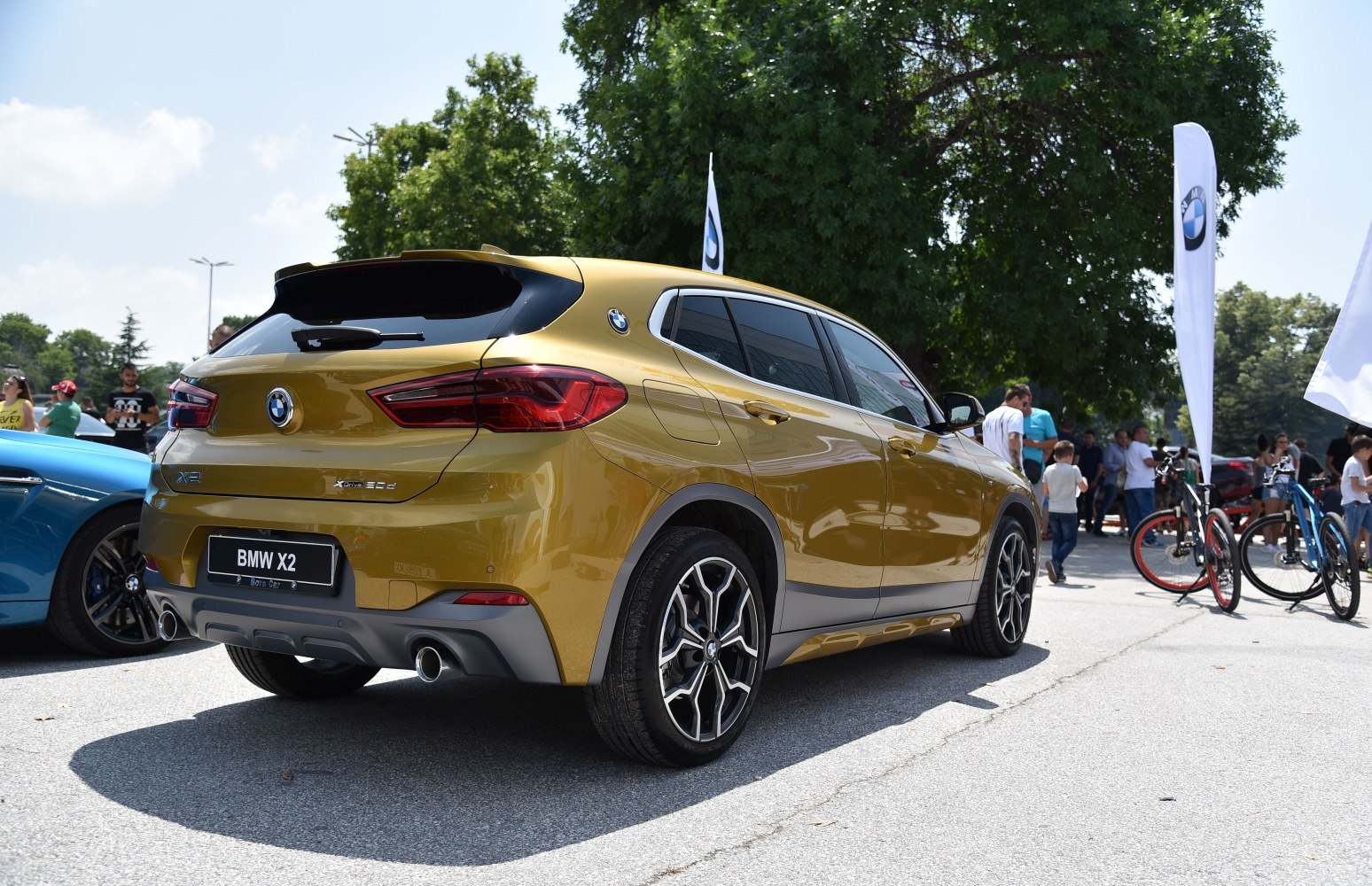 Rear view of BMW X2 showing dual exhaust and alloy wheels