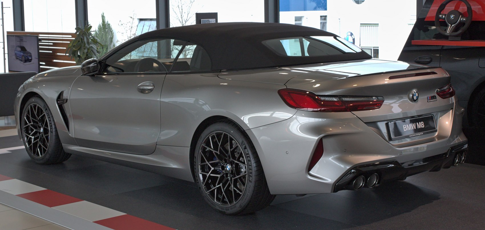 Rear view of convertible with soft black fabric roof