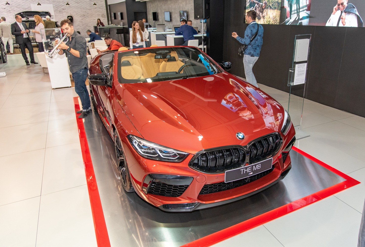 Front grille and tan leather interior of a convertible sports car