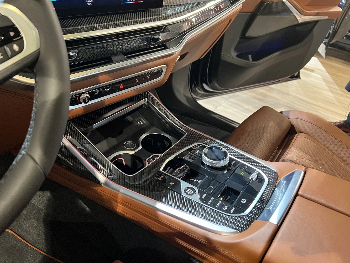 Center console with carbon fiber trim and control panel