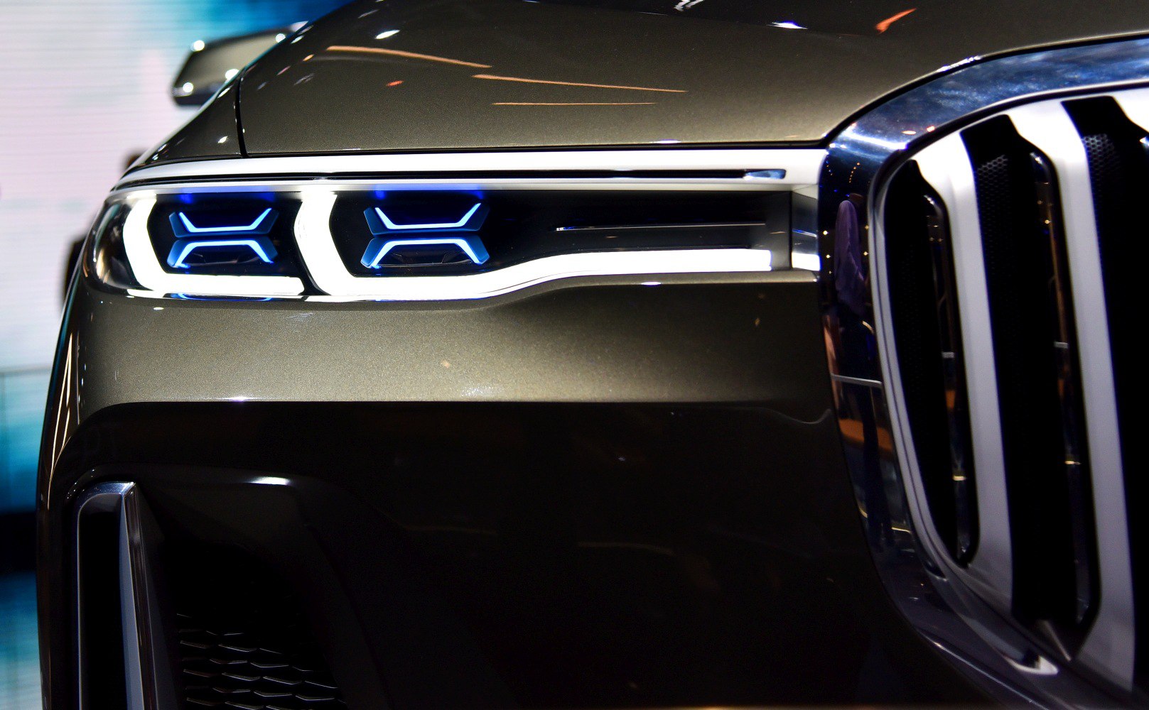 LED headlights and kidney grille close-up with modern design lighting