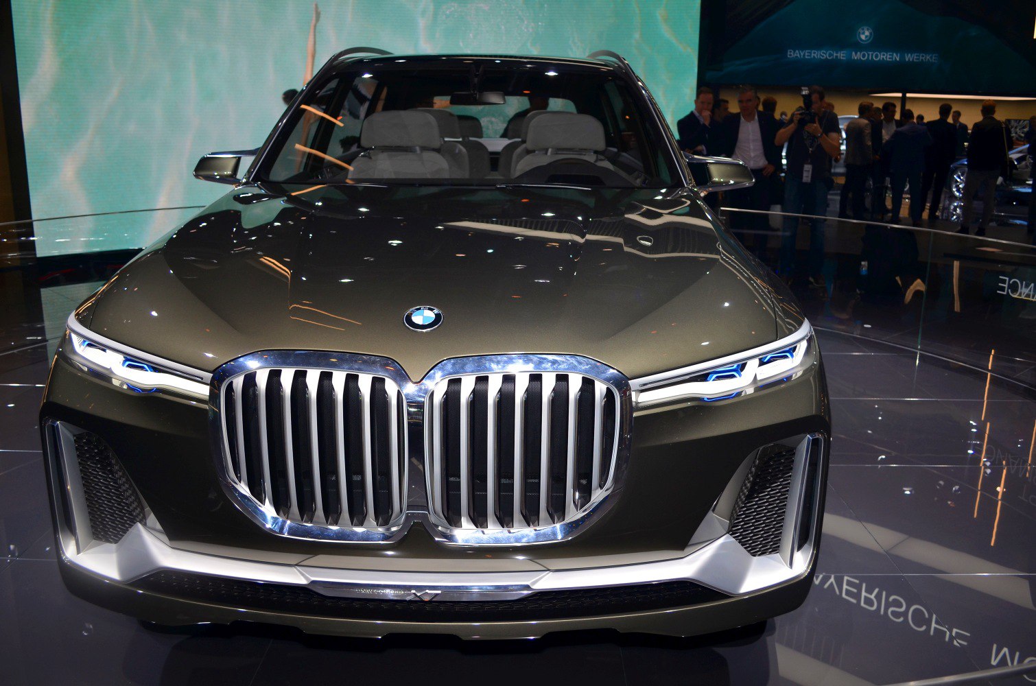 Front view with large kidney grille and modern LED headlights