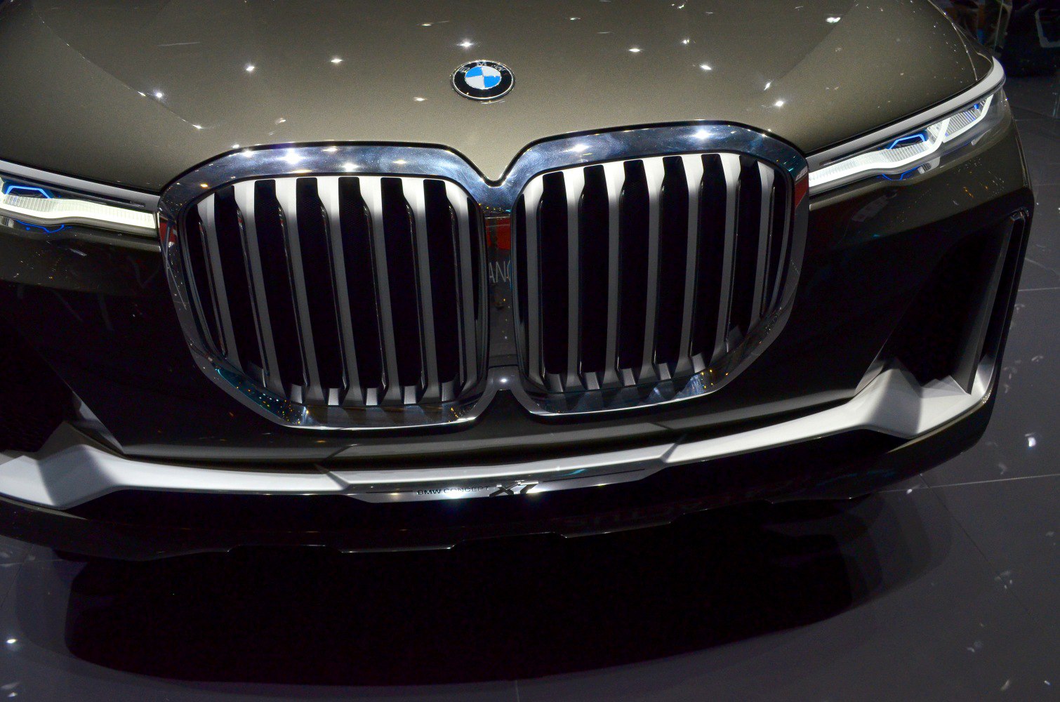 Large kidney grille and sleek LED headlights close-up