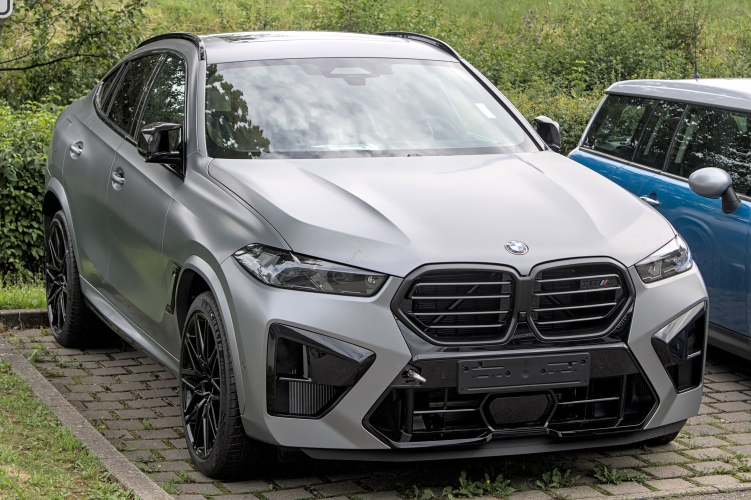 Blacked-out kidney grille and sleek headlights front view