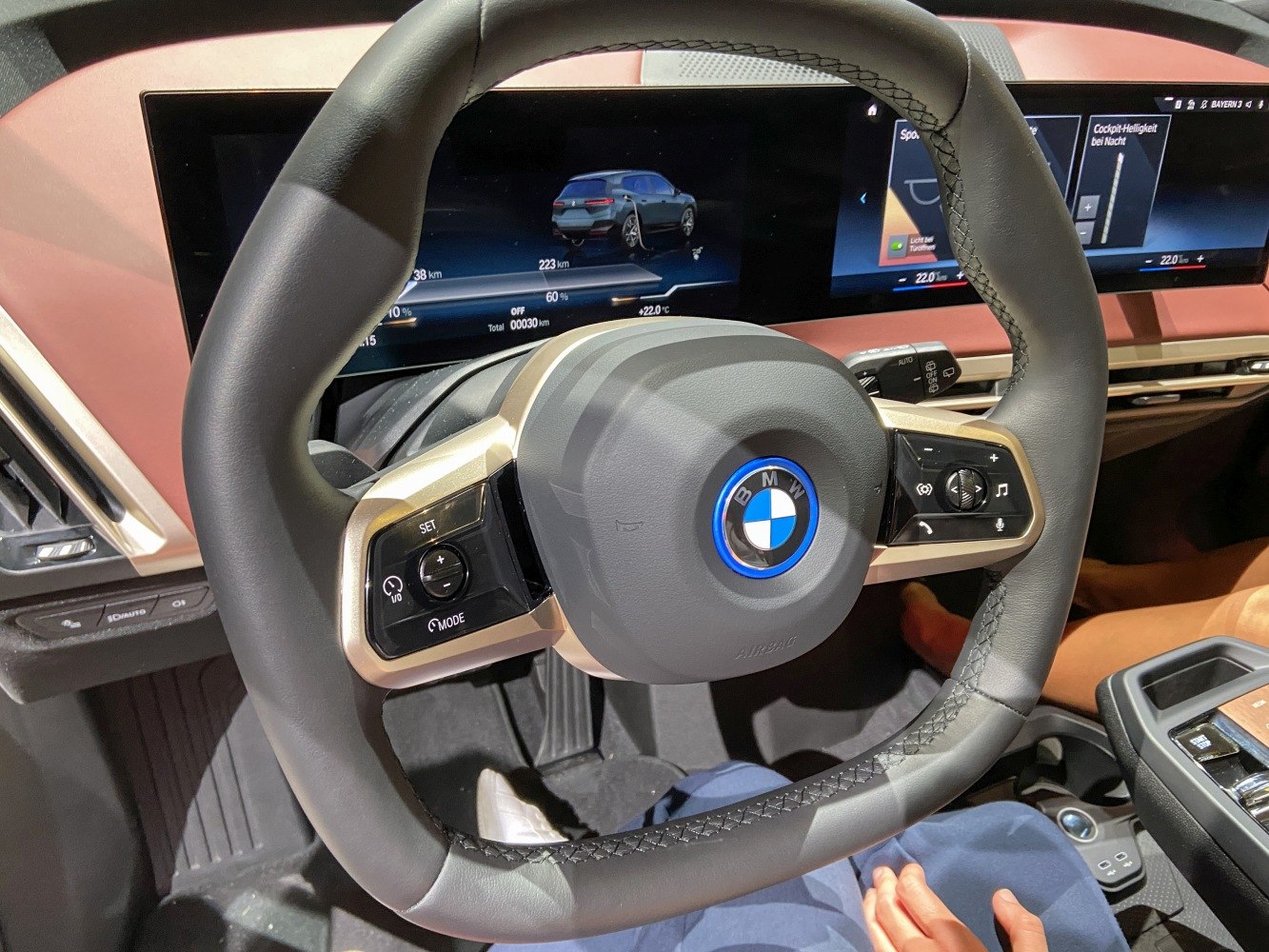 Close-up of modern steering wheel and digital dashboard display.