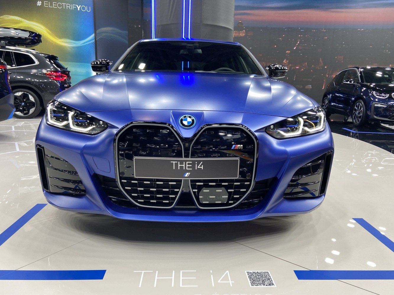 Front grille and LED headlights of a modern electric vehicle