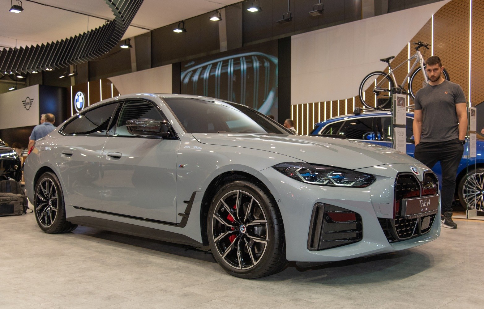 Electric sedan with sleek front design and sporty wheels