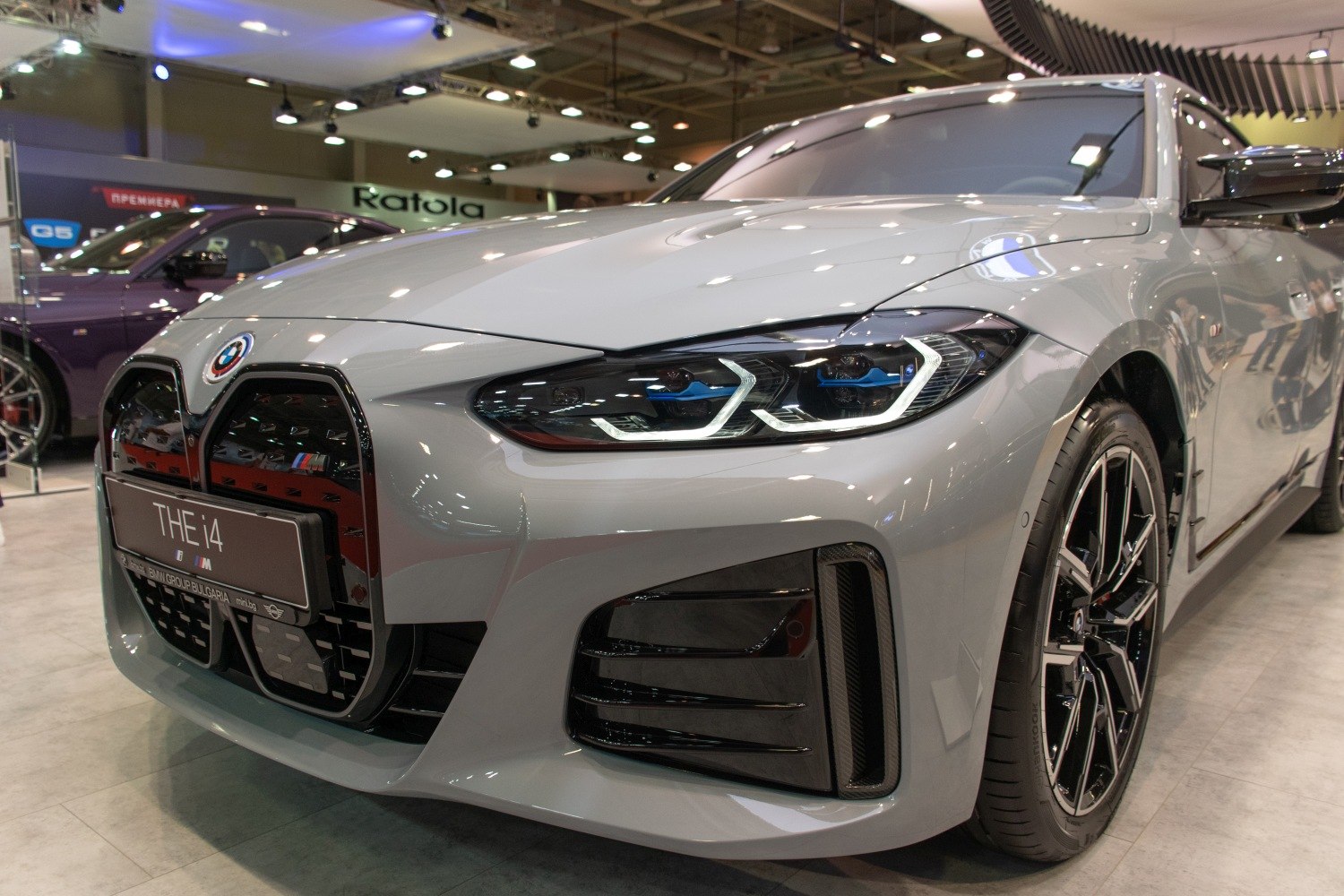 Close-up of front grille and LED headlights