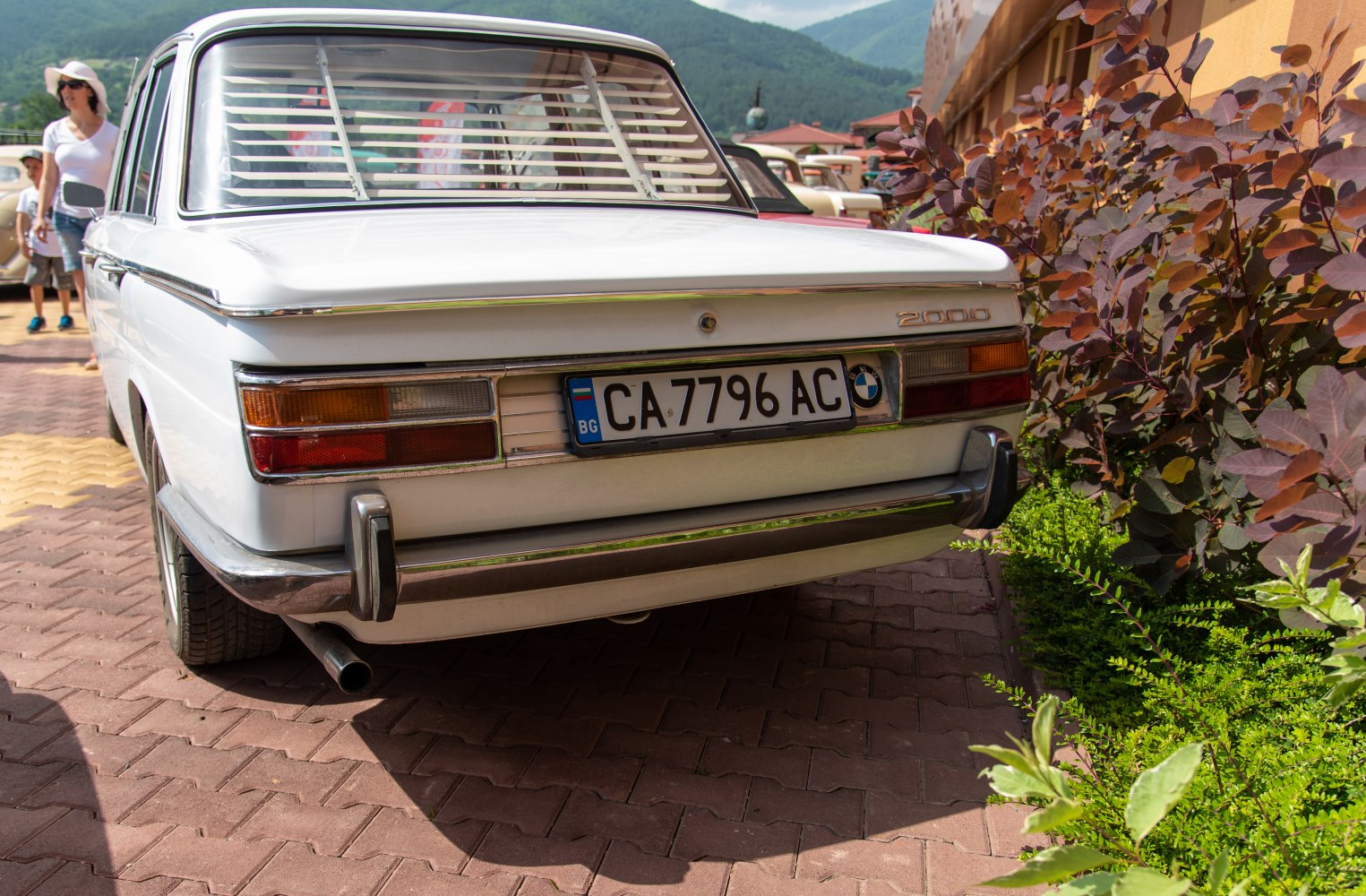 Classic car rear with vintage tail lights and chrome bumper