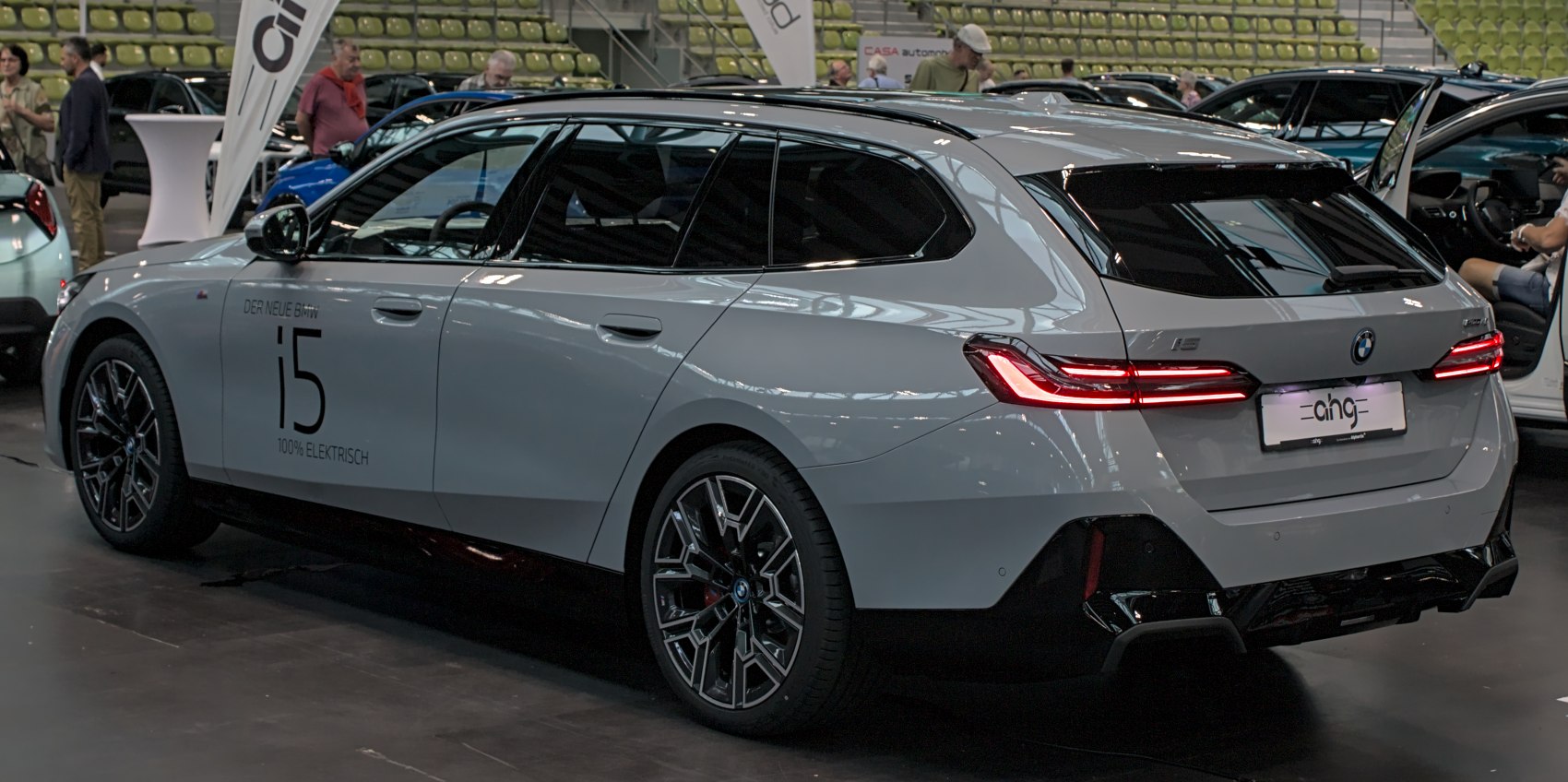 Rear and side view of electric station wagon with LED taillights and alloy wheels