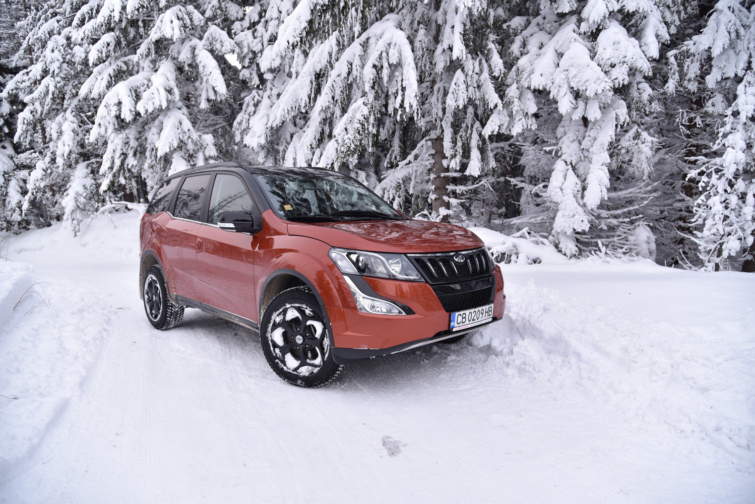 Front three-quarter view showing grille and headlights of SUV in snowy setting