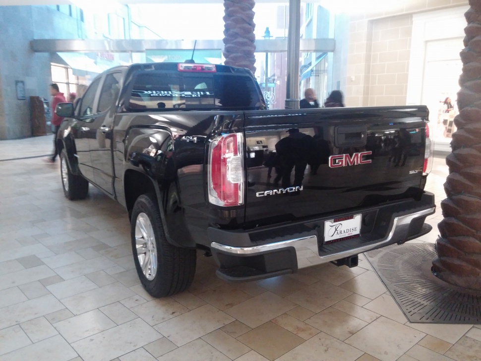 Rear view of black crew cab pickup with distinct taillights and bumper