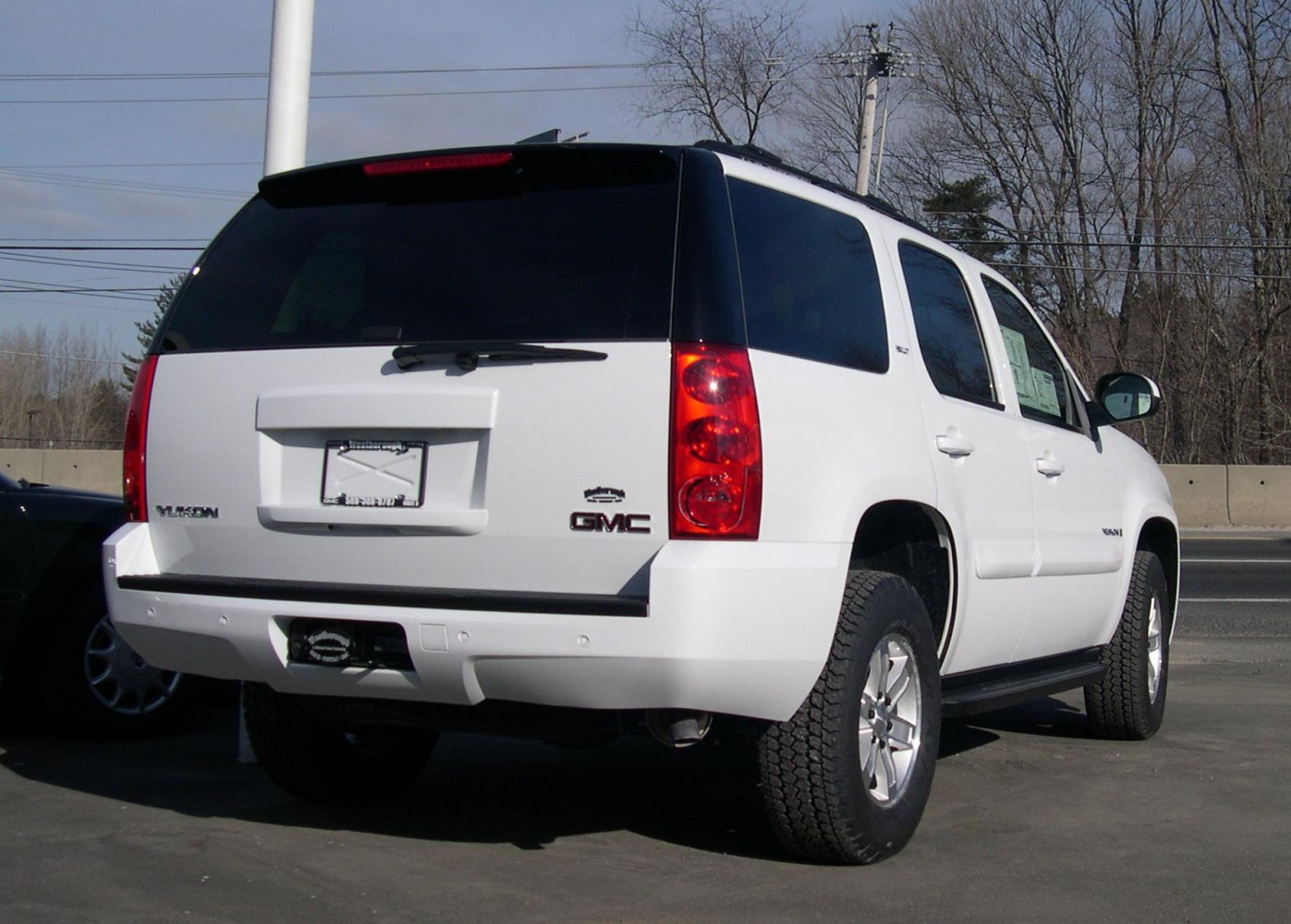 Rear view of large white SUV with distinct tail lights and tinted rear window