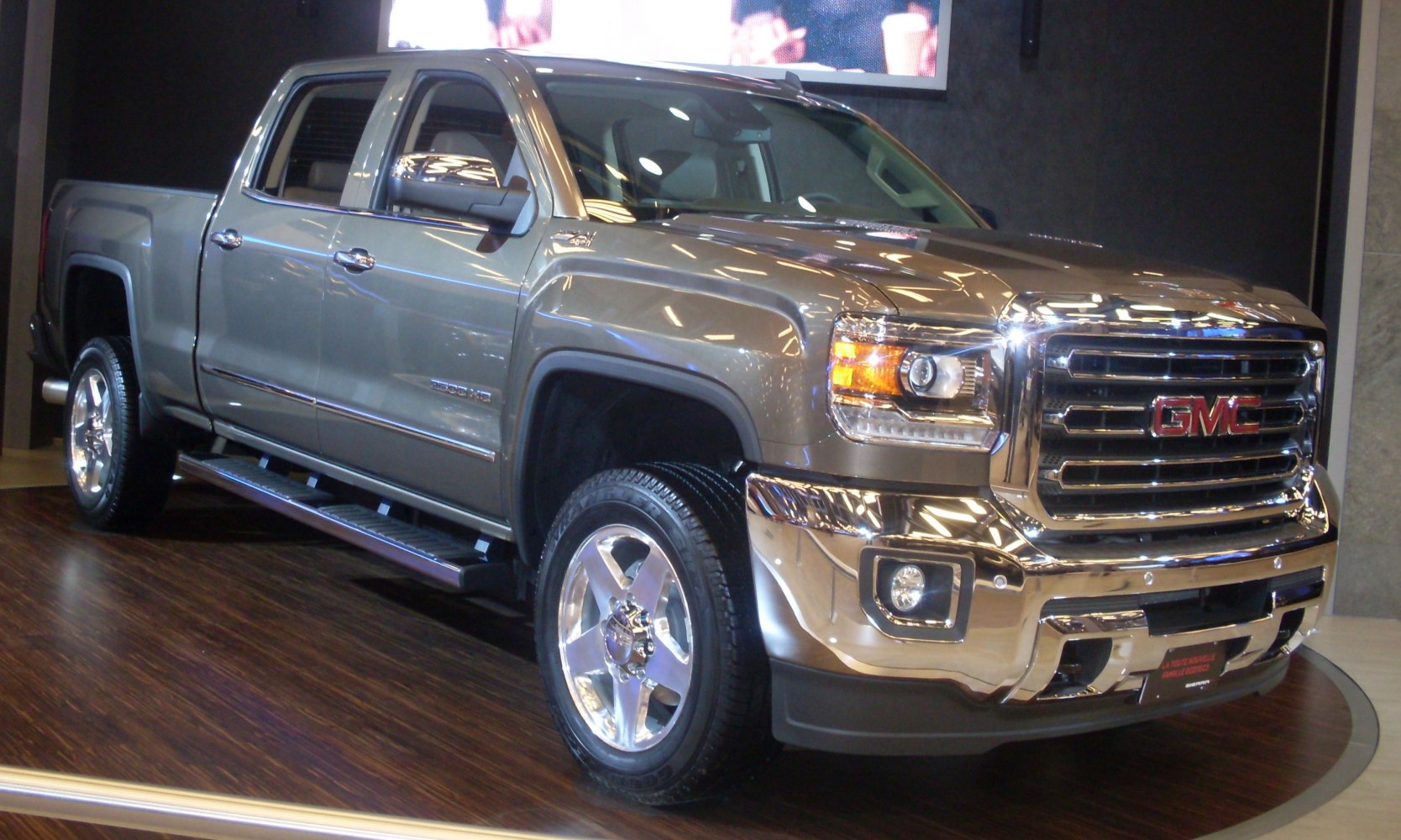 Front side view of a heavy duty crew cab pickup truck