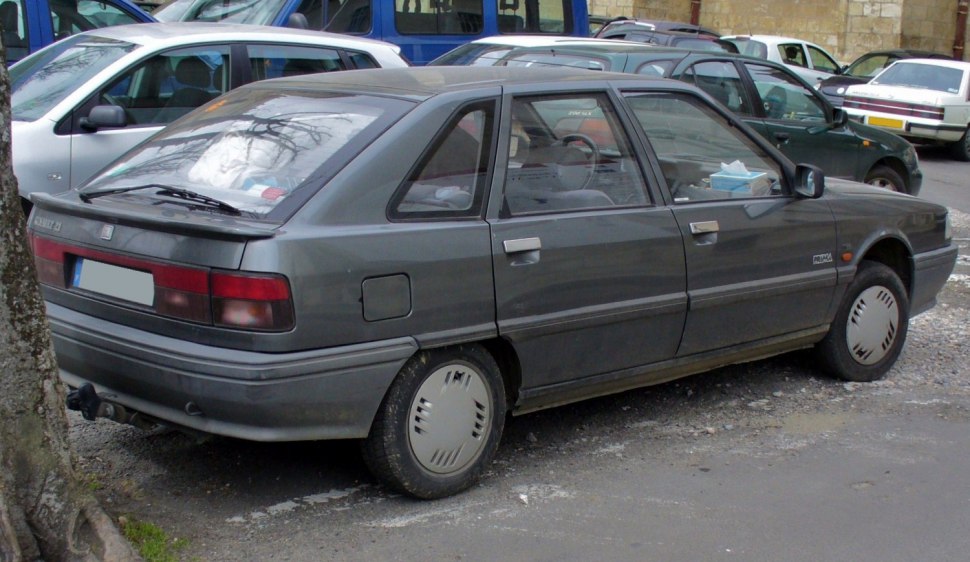 Rear and side profile of a classic hatchback showing design lines and wheel covers.