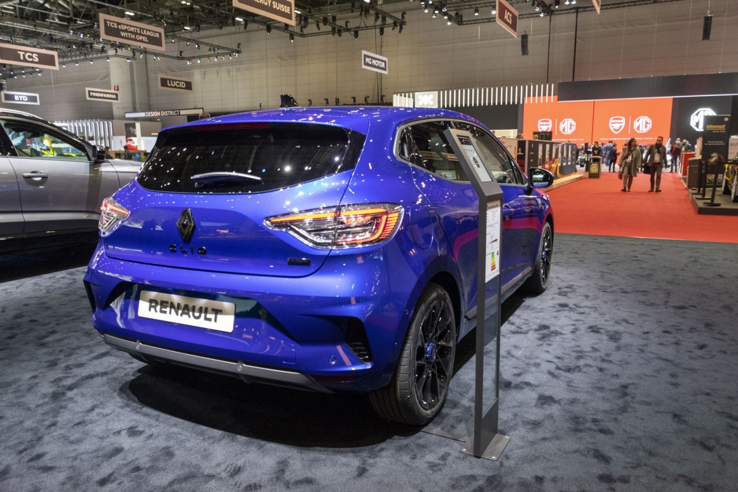 Rear view of blue hatchback with LED tail lights and black alloy wheels