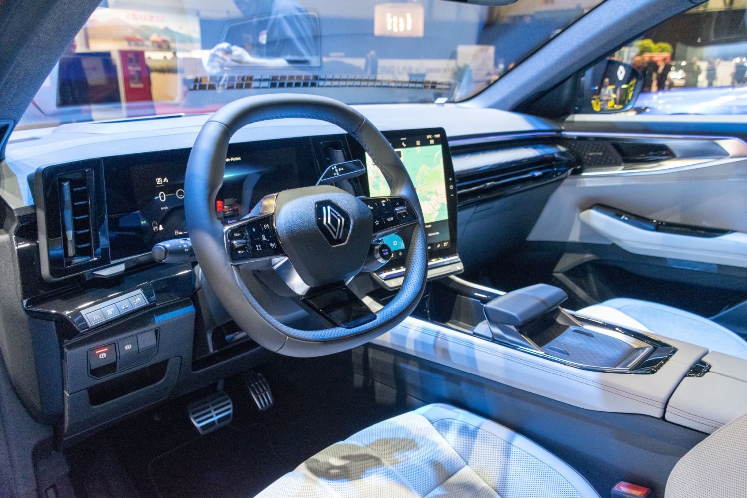 Modern car interior with digital dashboard and touchscreen infotainment